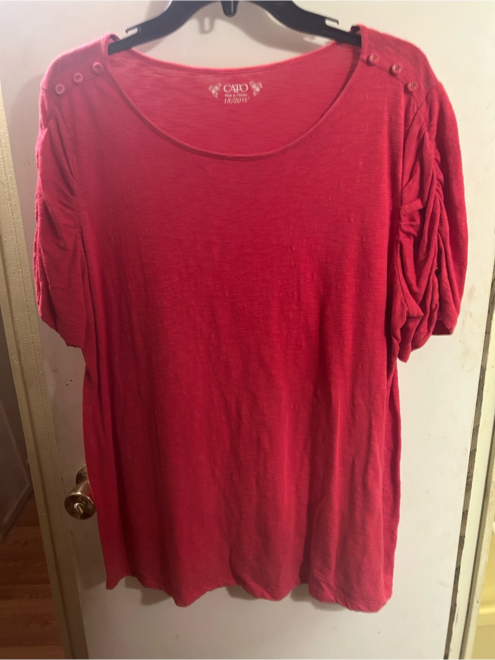 Cato Red Short-Sleeve Scoop Neck Top with Button Shoulder Detail